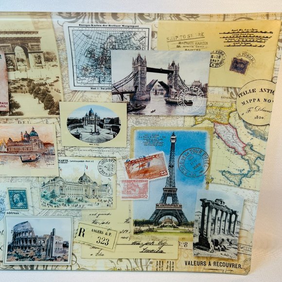 Vintage Postcard Photo Glass Tray Reverse Decorated Italy France Fringe 12” - Picture 3 of 9